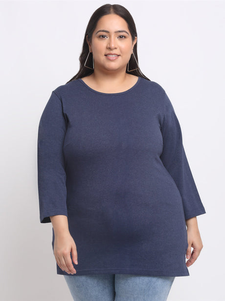 Women Plus Size Navy Blue Solid Round Neck Cotton T-shirt with Embelli –