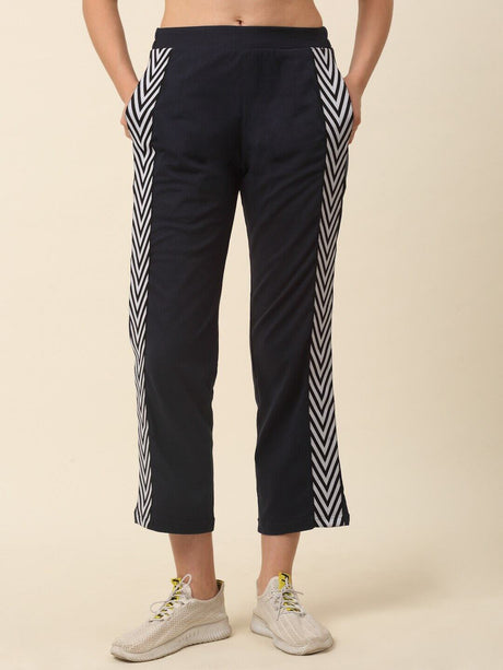 plusS Women Plus Size Navy Blue Solid Cotton Slim-Fit Track Pants –