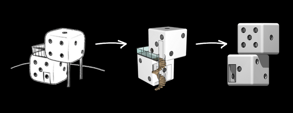 The design of the Tiny Dice House went through a few iterations to early versions having stilts to a cleaner design of just a pair of stacked dice.