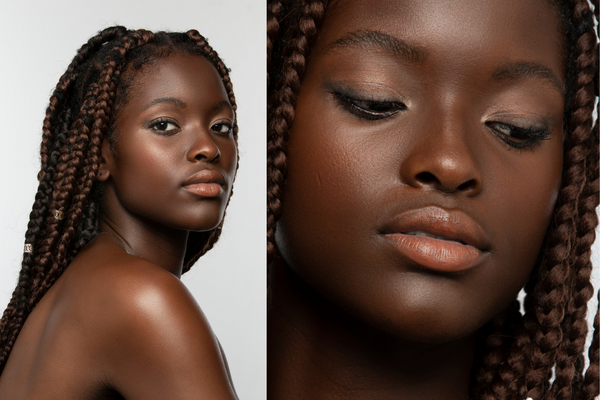 Fay side-by-side model with luminous dark skin and bronze eye makeup look festive