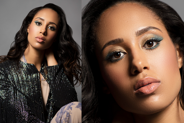 Margot Bingham side-by-side image of 2020 holiday style and makeup with gold and teal eyes