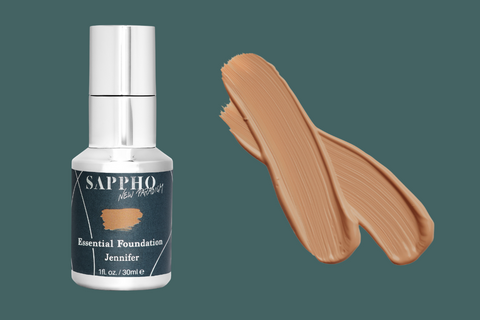 Natural Foundation for Oily Skin Bottle with Swatch in medium shade Jennifer, link to shop