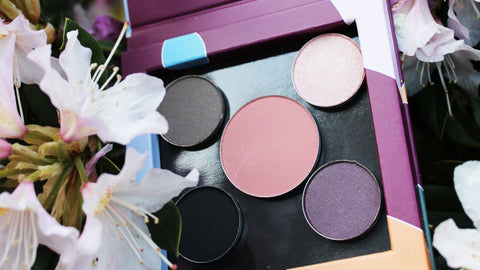 Mix-and-match eyeshadow palette with mineral blush in a refillable magnetic paper compact for makeup