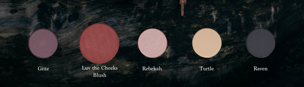 Five natural eyeshadow and blush refills on BC forest log