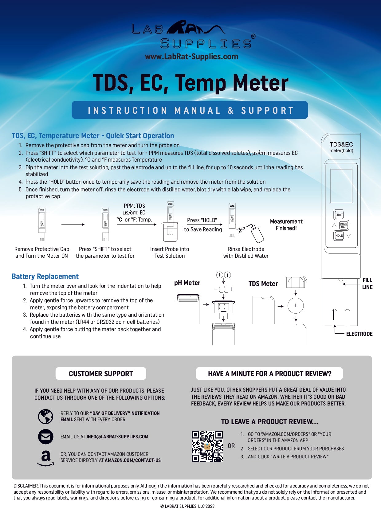 TDS, EC, and Temp. Meter Instructions, page 2 of 2