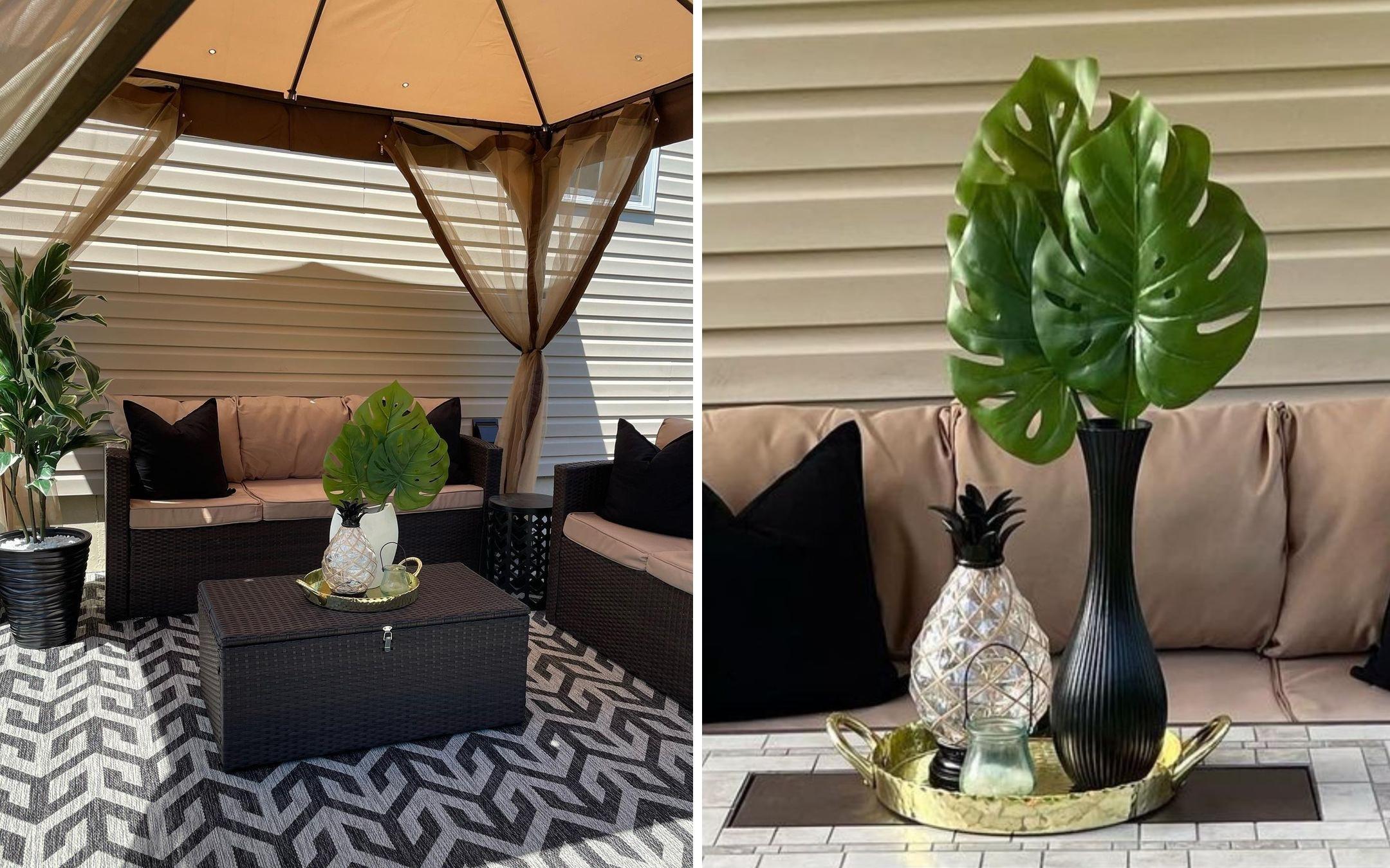 Donice’s outdoor living room gets a personal touch and a homey feel with the addition of plants, decorative accents, lighting, and a rug. 