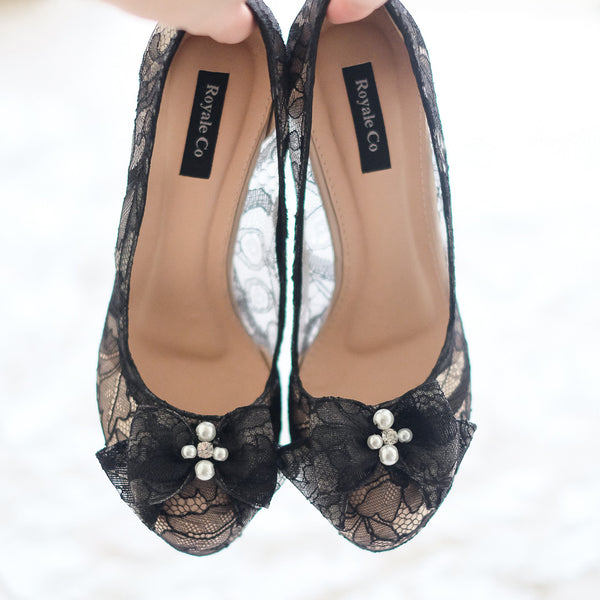 DOUBLE PLATFORM LACE HEELS WITH RIBBON PEARL CRYSTAL 12CM - BLACK ...