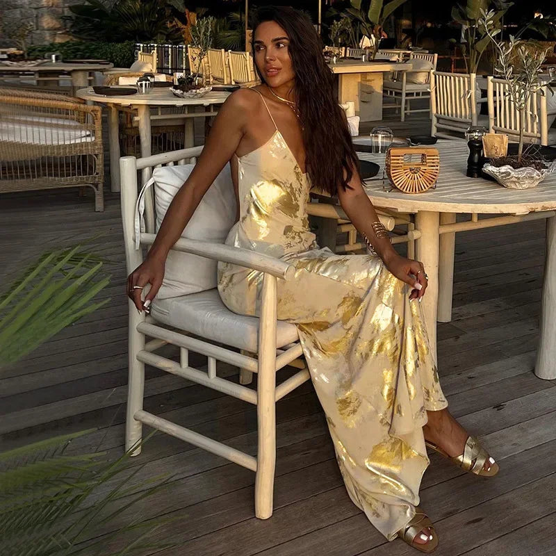 Women€™s Backless Gold Bodycon Maxi Dress