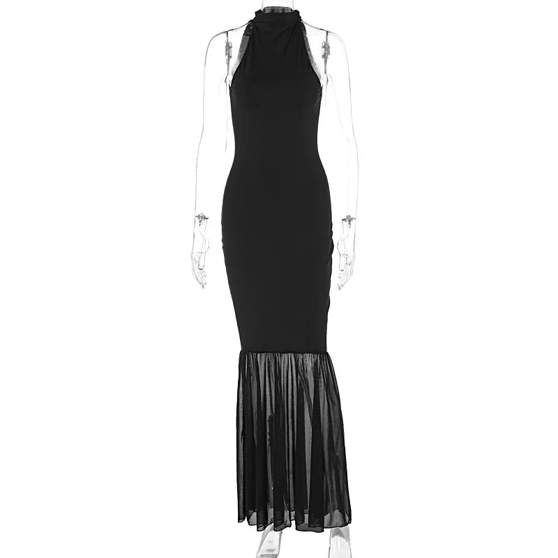 Women's Solid Sleeveless Hem Mesh Spliced Bodycon Chic Temperament Maxi Dress