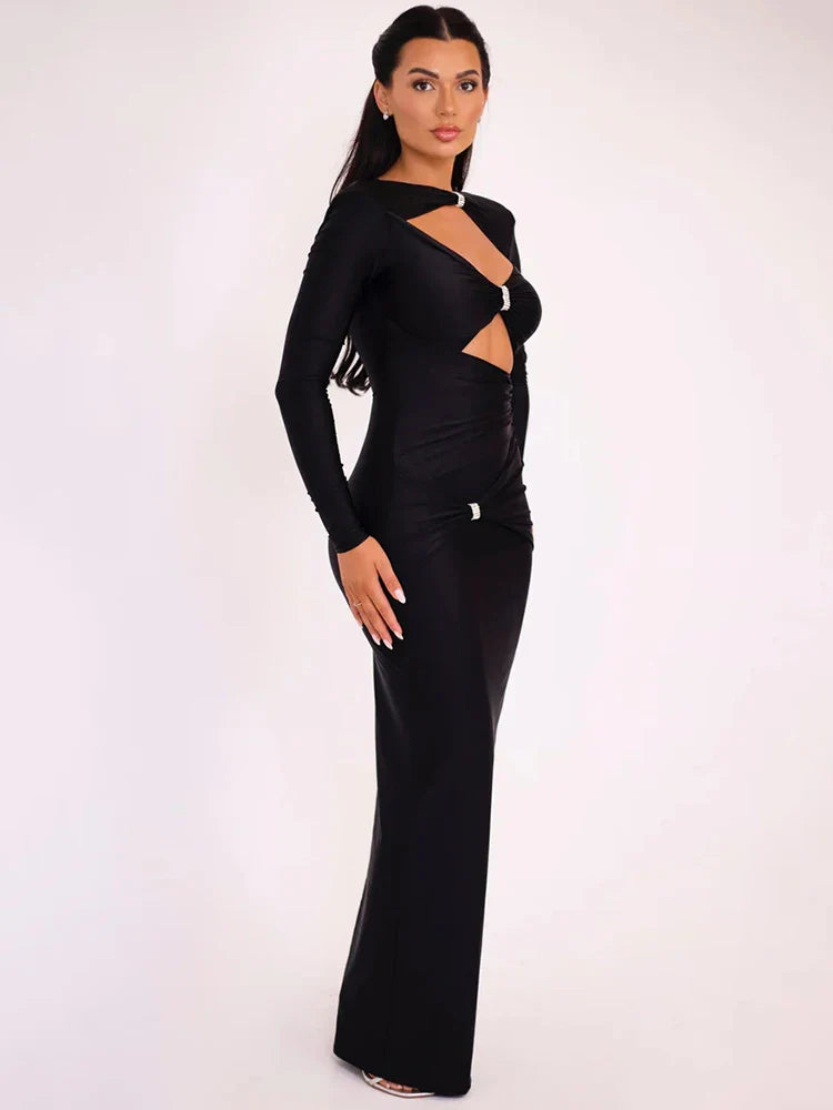 Women's Hollow Out Long Sleeve Solid Color Slim Fit Cut Out Maxi Dress - Image 2