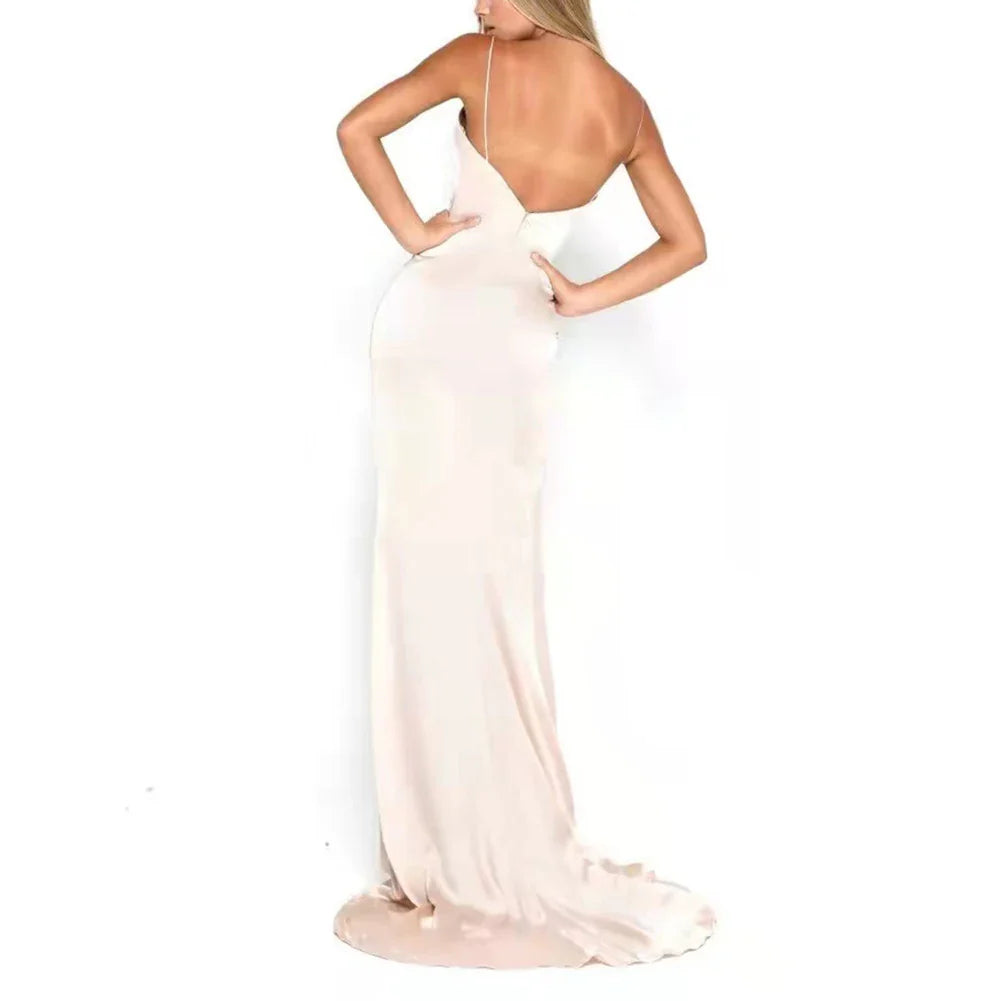 Women's V Neck Spaghetti Straps Satin with Slit - Image 2
