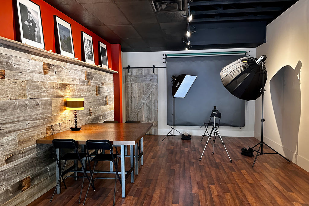 studio setup, workshop area and barn wood feature wall