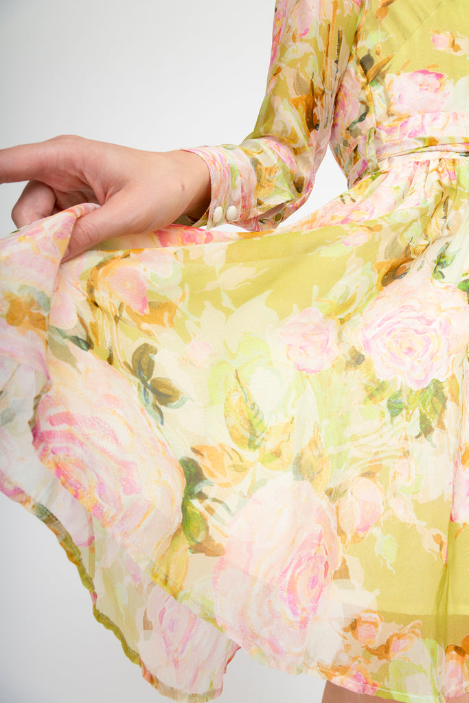 A fit and flare, green and pink floral silk -viscose dress.