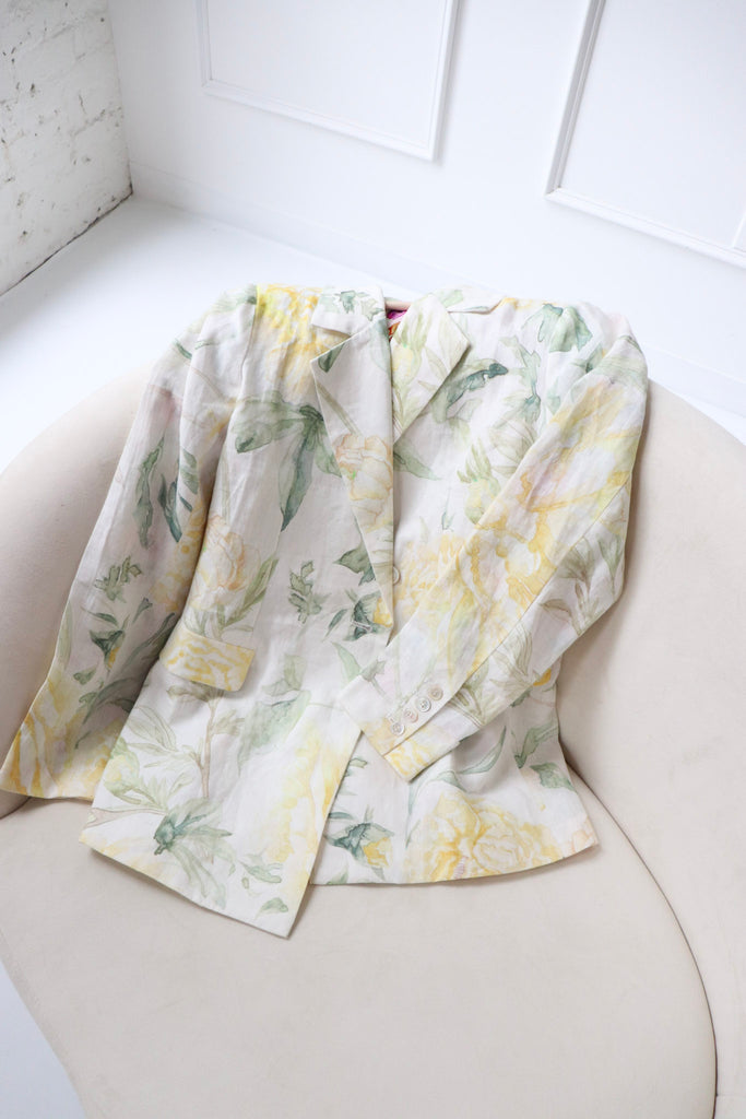 White linen blazer with soft yellow rose floral print