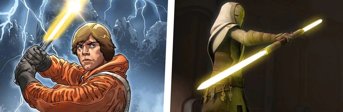 Luke Skywalker sárga fénykardjai és egy Jedi őrszem