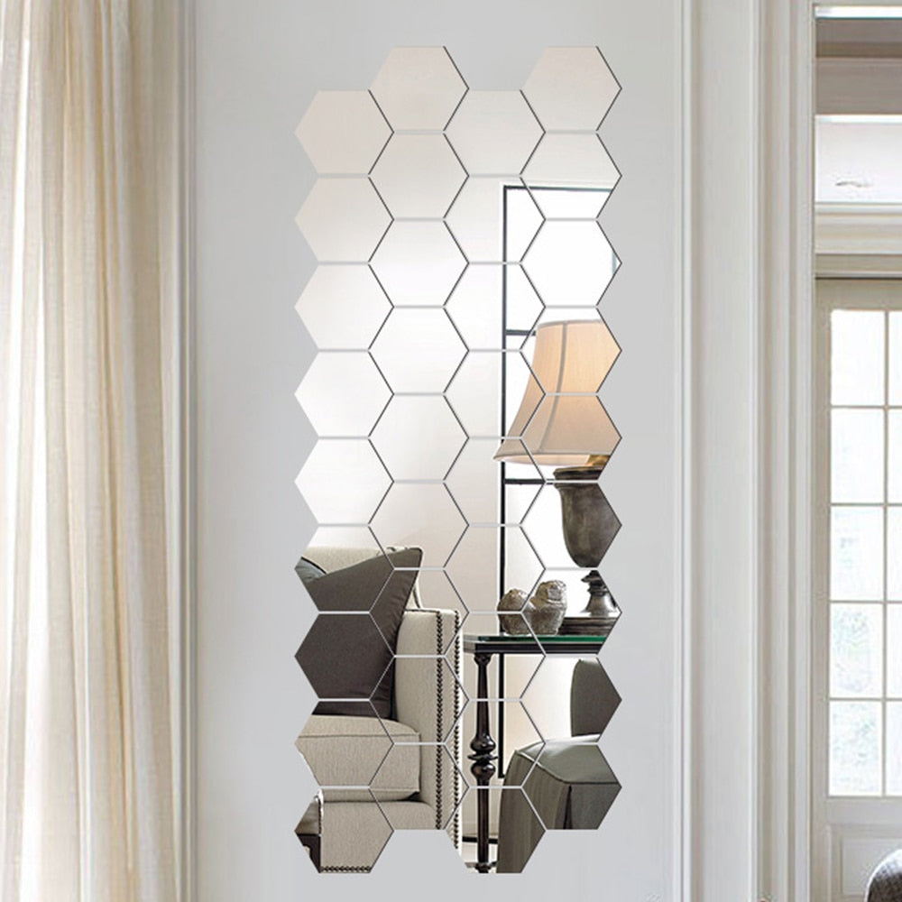 12PCS/Set Hexagon Acrylic Mirror Wall Stickers Decals Self Adhesive Home  Decor