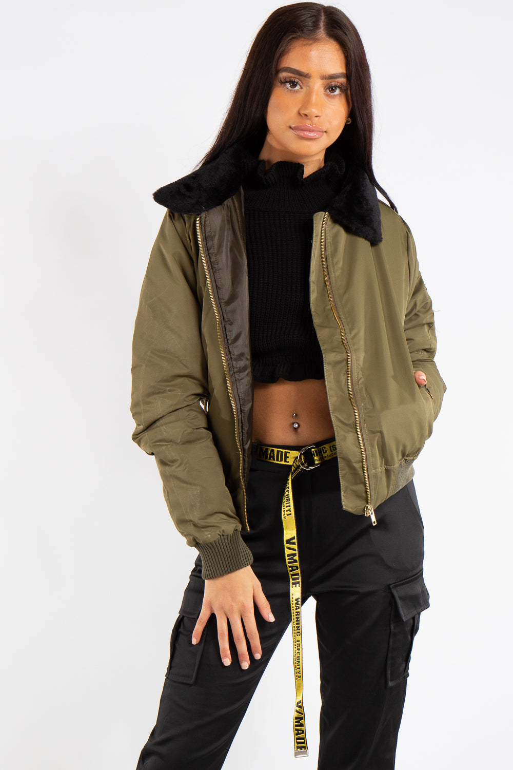 Ella Khaki Fur Collar Bomber Jacket – Miss Hussy