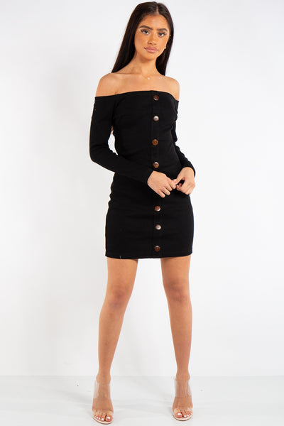 Jade Black Ribbed Button Long Sleeve Bardot Dress – Miss Hussy