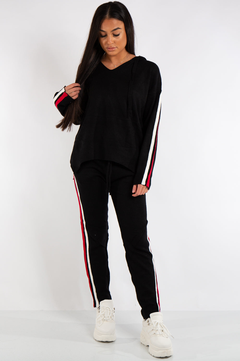 Daniella Black Hooded Knitted Stripe Loungewear Set – Miss Hussy