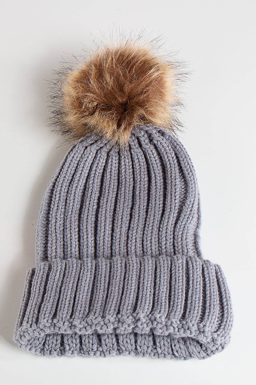 Jimena Grey Ribbed Knit Faux Fur Bobble Hat Pom Pom Beanie – Miss Hussy