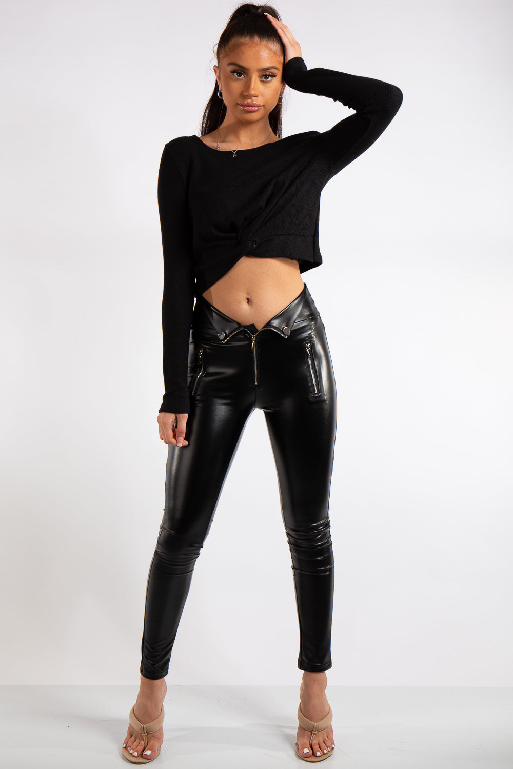 Aliza Black PU Elasticated Zip & Button Detail Leggings – Miss Hussy