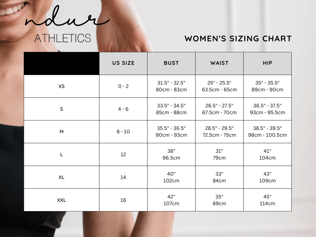 Women's sizing chart from size XS to XXL.