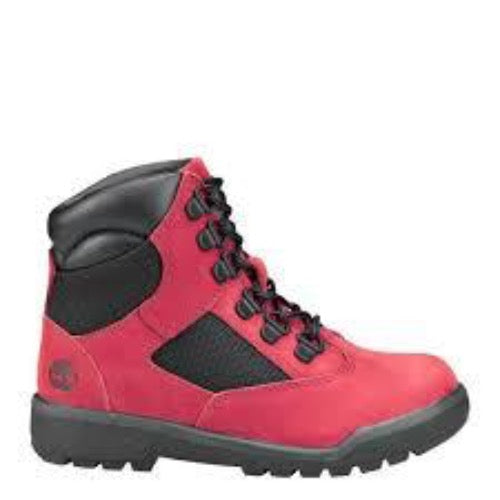 red and black timberland field boots