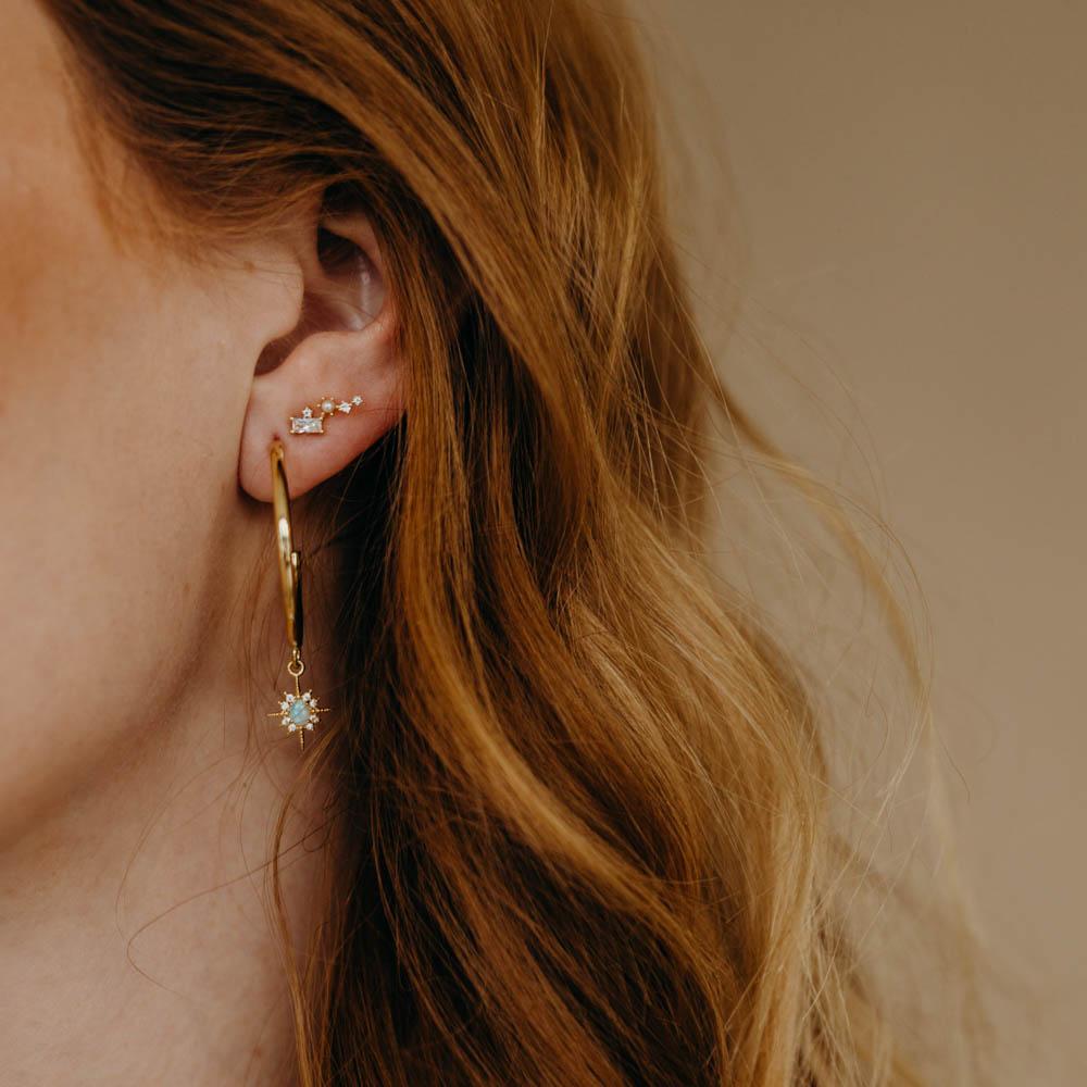 close up of bride wearing hoop earrings