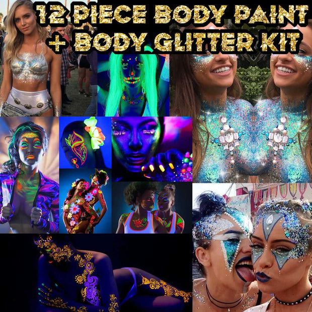 12pc Fluorescent UV Body Paint and Body Glitter Kit from Festival Drip