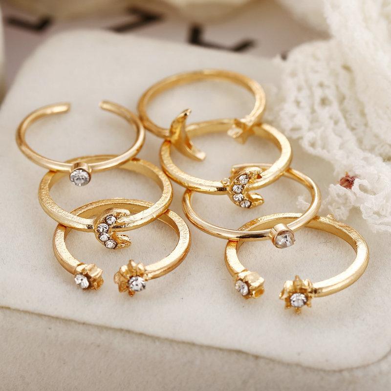 7 Piece Moon & Stars Ring Set With Swarovski  Crystals