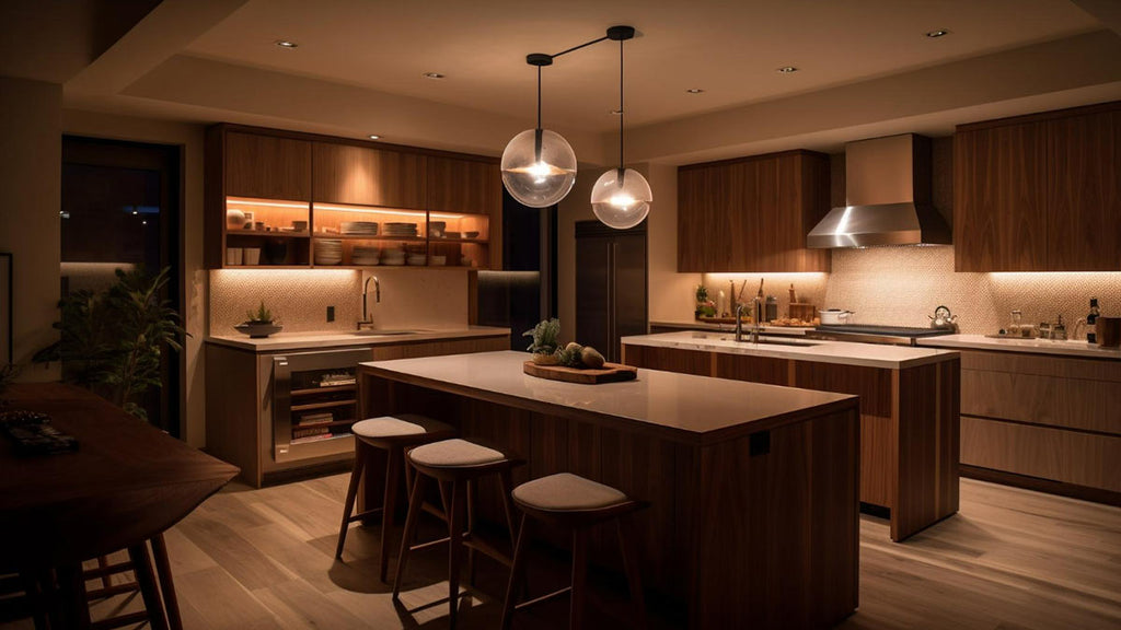 This modern kitchen features a wooden island, stylish stools, and elegant glass globe lights. A cosy corner table hosts a content-looking cat, adding to the room's warm ambiance.