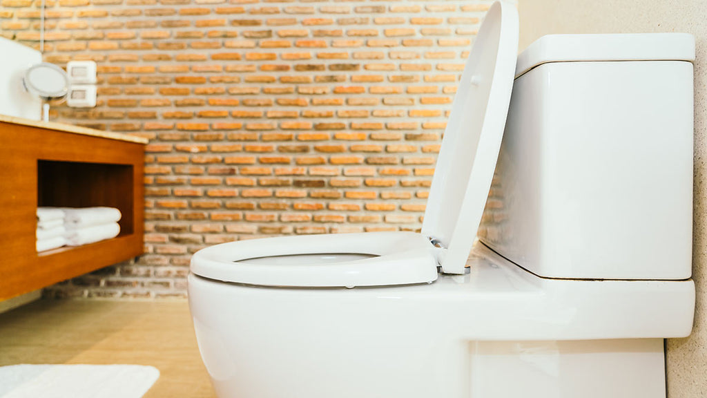 Small rustic bathroom with white toilet, brick walls, golden ring, wooden shelf with towels and bowl of white flour.