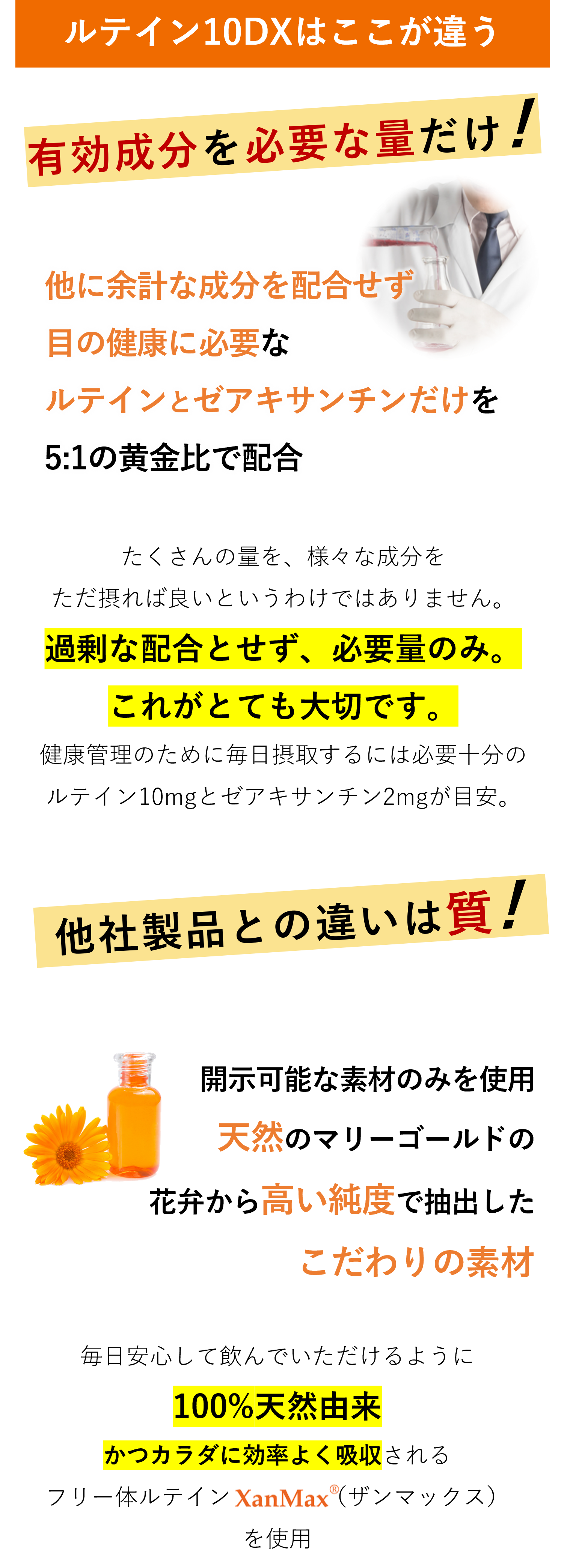 余計な成分は配合せず、目の健康に必要なルテインとゼアキサンチンだけを５：１の黄金比で配合。しかも１００％天然由来かつカラダに効率よく吸収されるフリー体ルテイン、ザンマックスを使用。