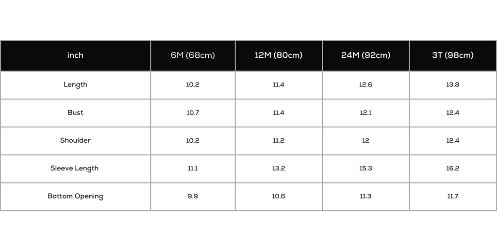 Baby's Drop Shoulder Top Size Chart (inch)