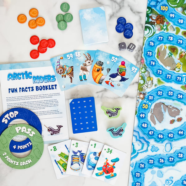 Math game for kids. Self-check addition and subtraction game, Arctic Riders.