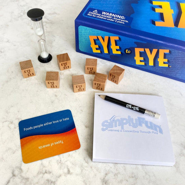Eye to Eye party game where players guess popular answers to a category card question. A fun social game for family game night.