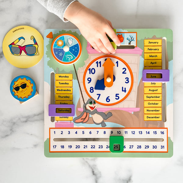 My Fun Day by SimplyFun is a wooden board designed to teach children about the weather, days of the week, months, and more.