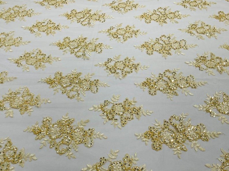 Sequins Corded Floral Lace Fabric -- Embroidery on a Mesh Lace Fabric By The Yard Yellow