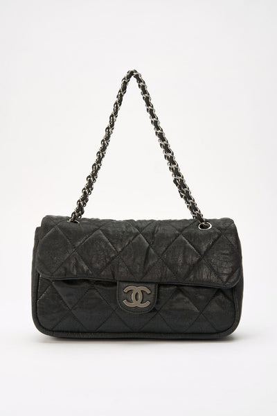 Chanel svart texturerad belagd nylon enkel klaffväska - svart