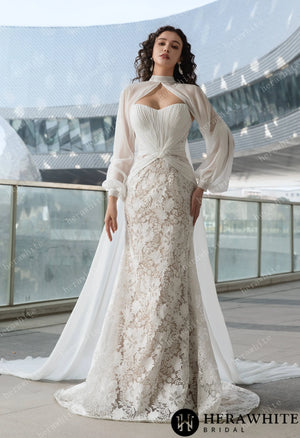 Ruth- Pleated Mermaid Wedding Dress with Sheer Cape - Unforgettable Bridal 