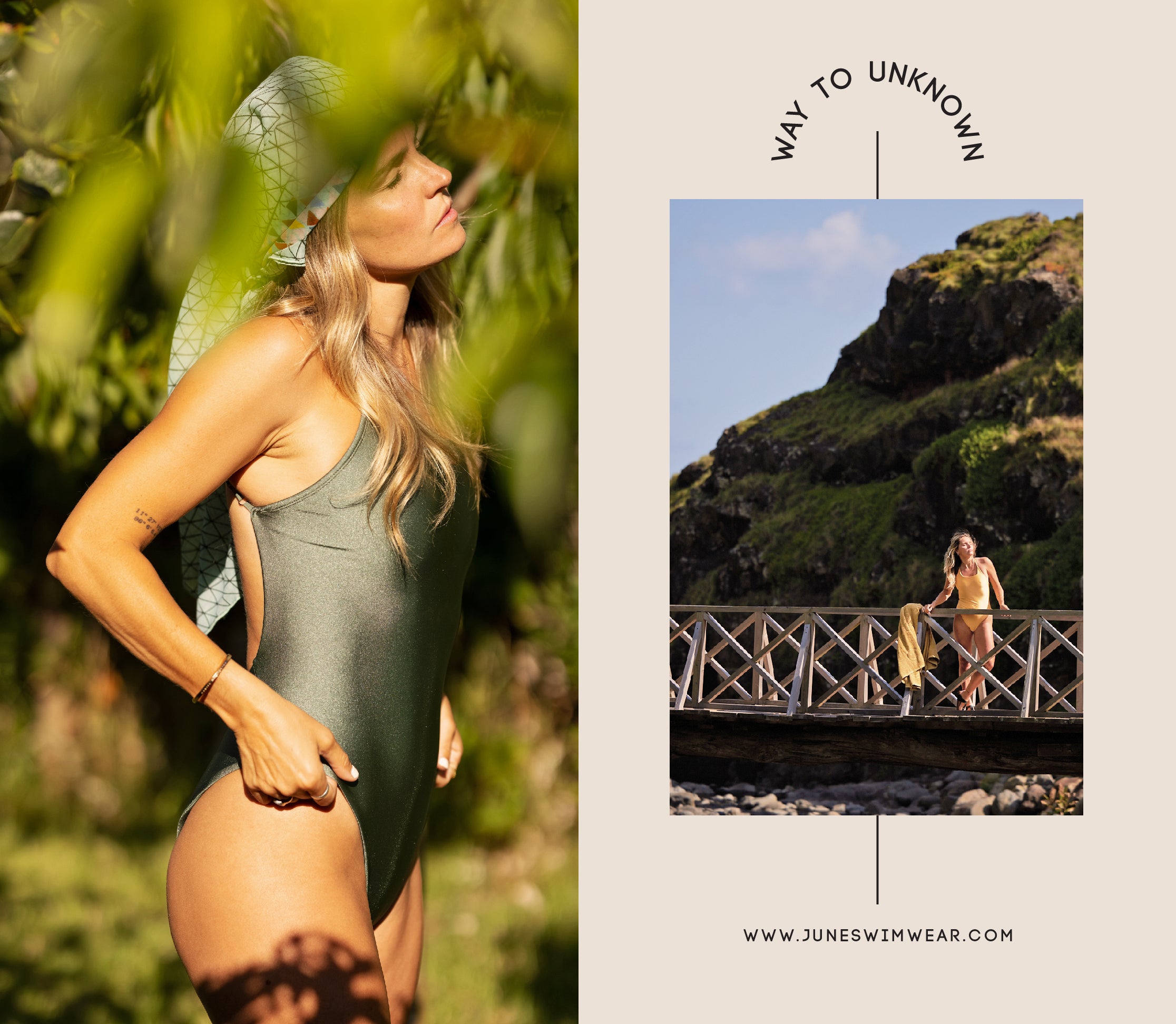 Model on the left is wearing Bianca one piece in Aloes. Model on the right is wearing Bianca one-piece in Ginger