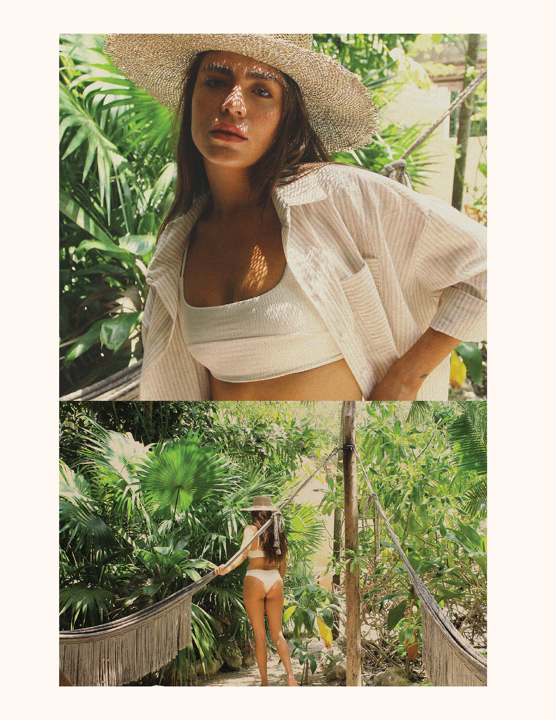 A woman walking in the jungle wearing her June Swimwear Emy Bikini Bottom in the Panna Cotta color.