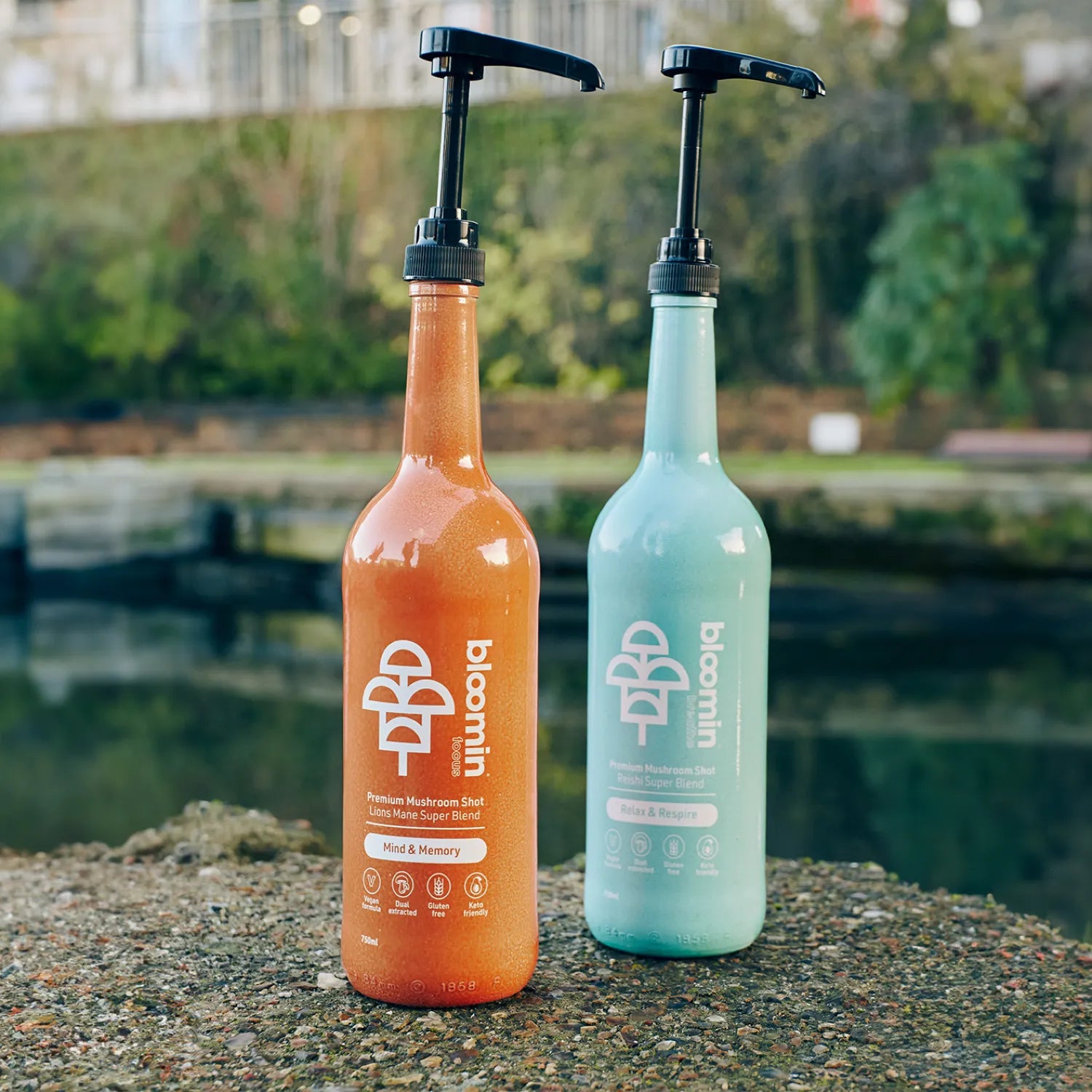 Bloomin Focus and breathe pumpshot bottles outdoors
