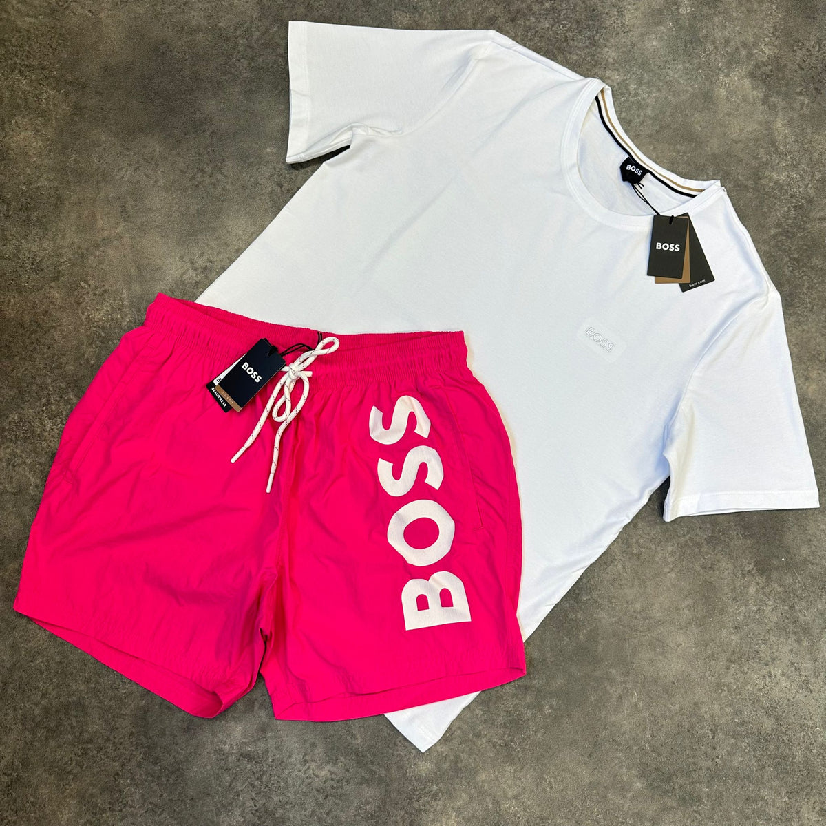 HUGO BOSS LOGO T-SHIRT & WAVE LOGO SWIM SHORTS SET WHITE / PINK | Shorts