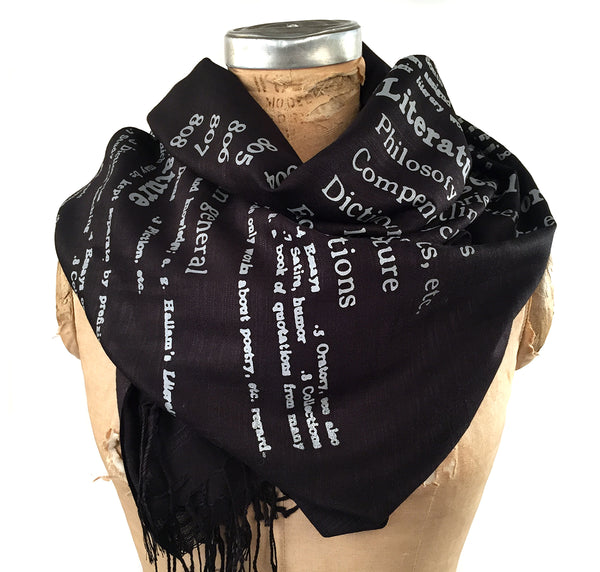 Dewey Decimal pashmina, bundled around the neck