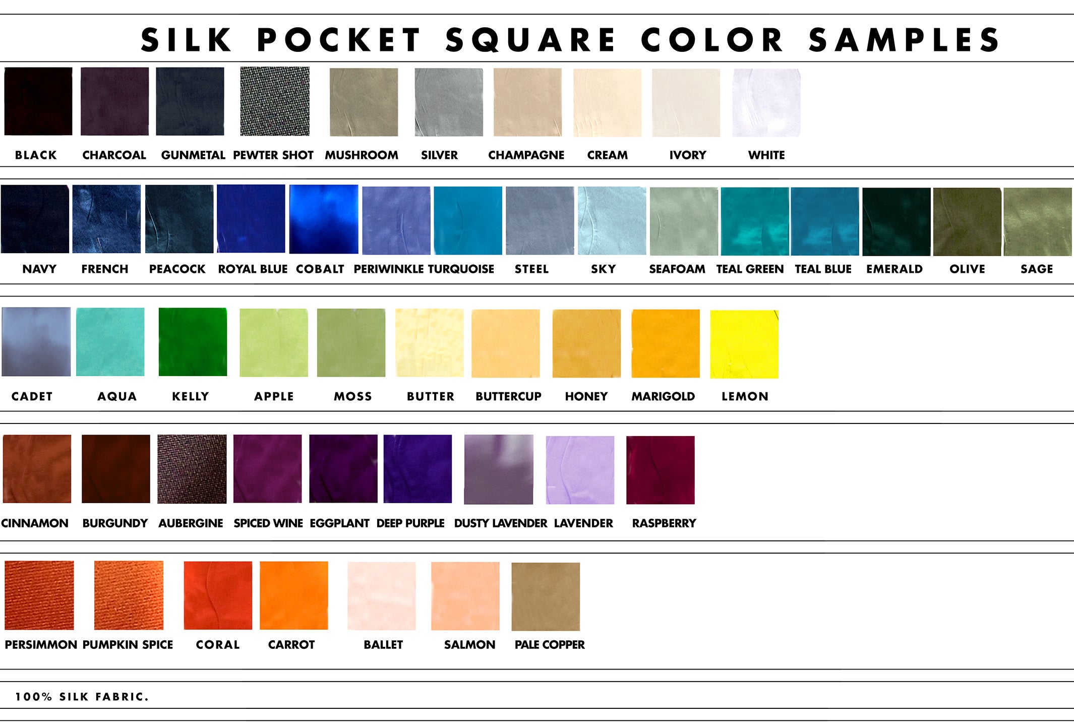 solid color silk pocket squares color chart