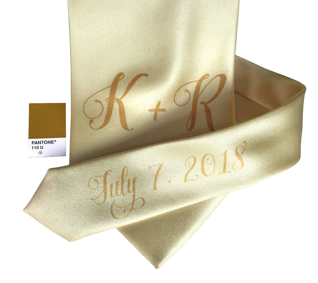 custom sublimated  initial monogram wedding necktie, gold on butter yellow, Cyberoptix