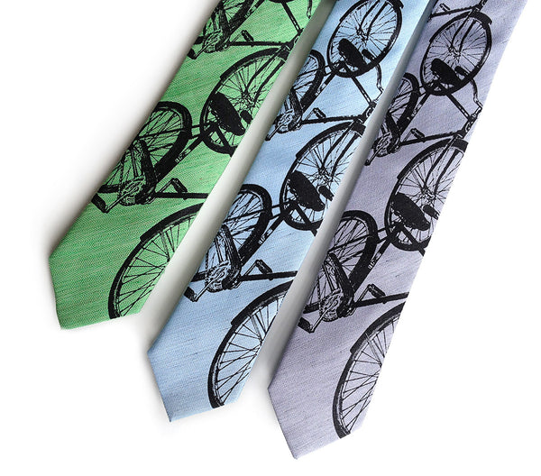 Bicycle Print Linen Necktie. Triple Cruiser Bike Tie