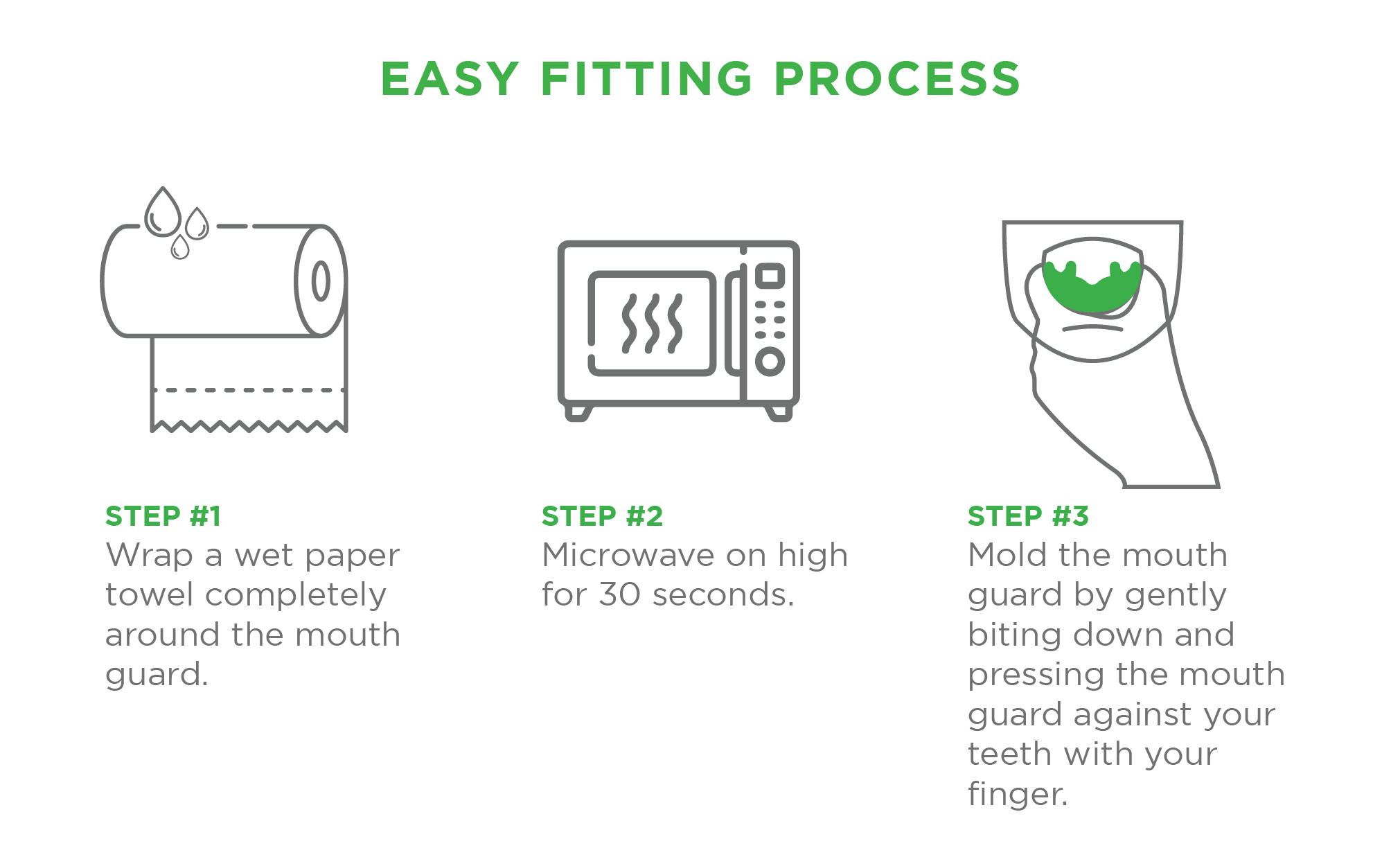 Step #1 wrap a wet paper towel completely around the mouth guard. Step #2 microwave on high for 30 seconds. Step #3 mold the mouth guard by gently biting down and pressing the mouth guard against your teeth with your finger.