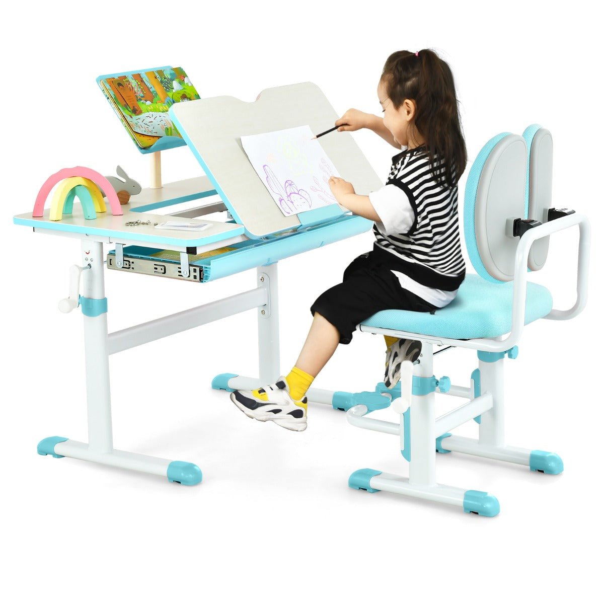 Kids study desk chair set with adjustable height tilt desktop